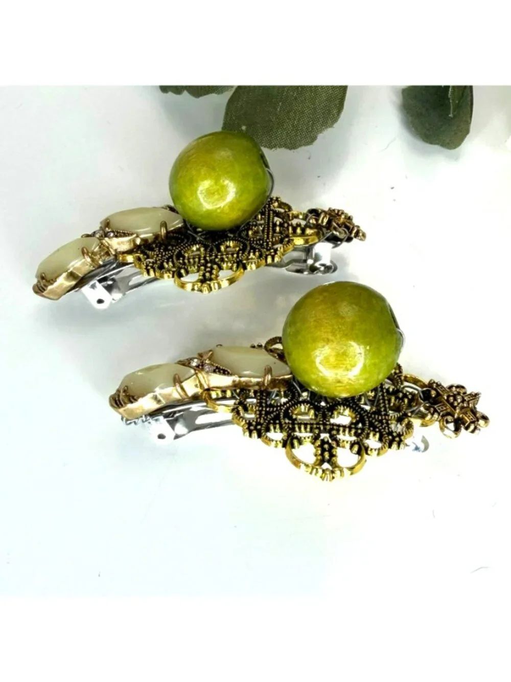 Olive Green Wood Bead Barrettes Set of 2 | Handmade Vintage Jewelry Hair Clips |